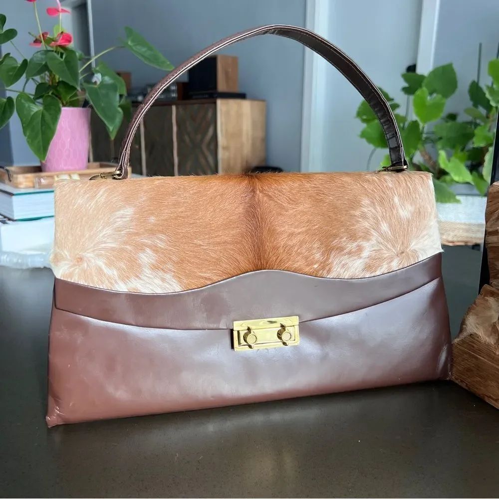 Gaitan Vinatge Brown Leather and Caw Hair-On-Hide Handbag with Gold Turn-Lock